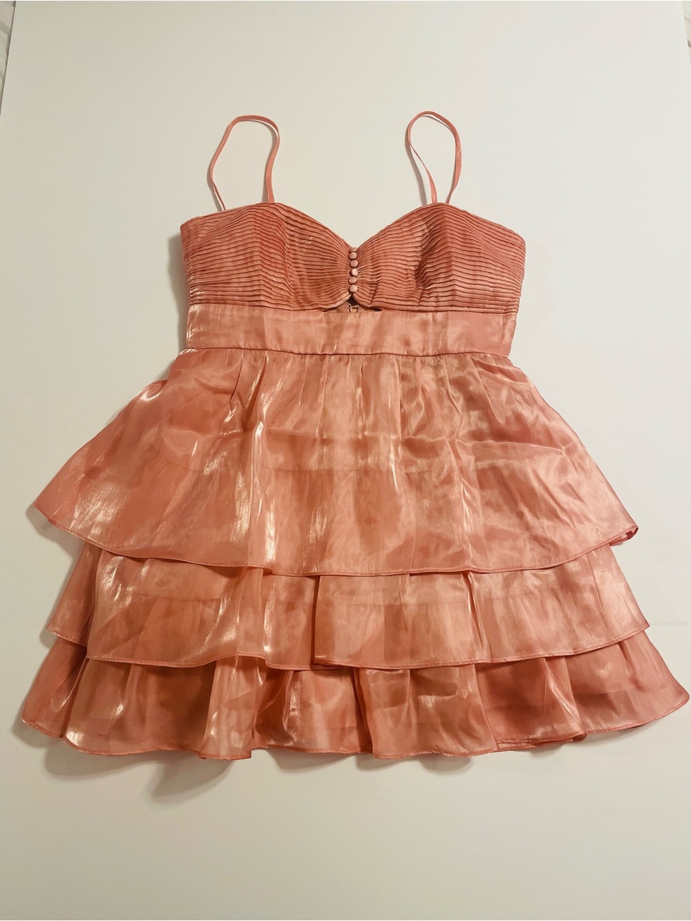 Mi Ami by Francesca’s Pink Shimmery Tiered Spaghetti-Strap Prom Dress